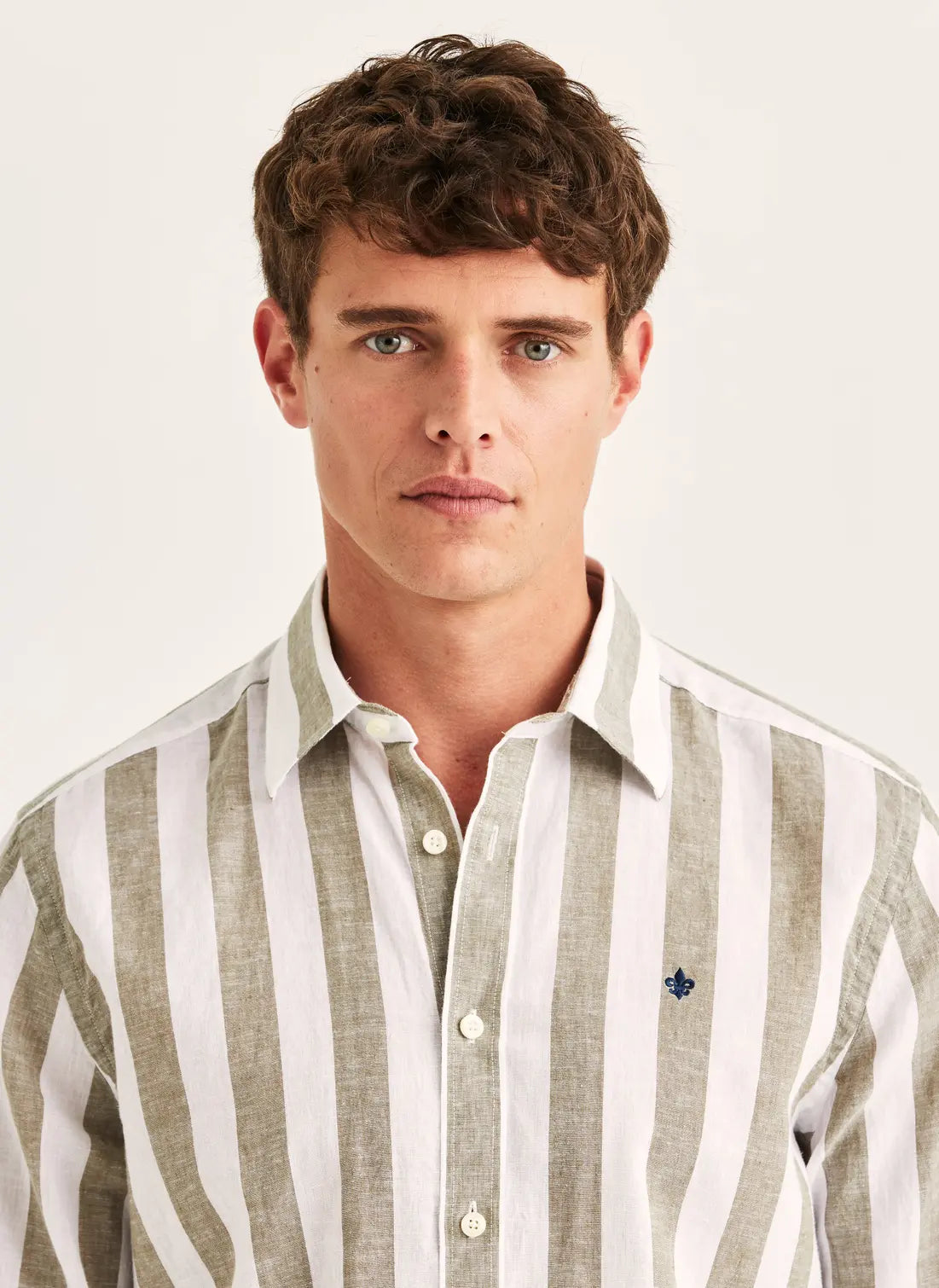 Morris Douglas Linen Mix Stripe Shirt 76 Olive