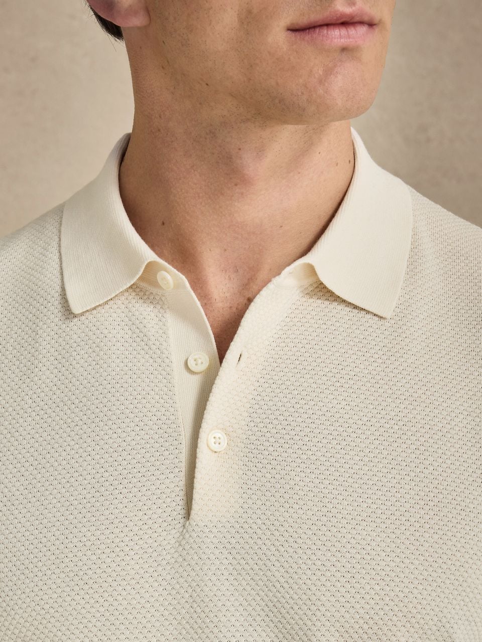 John Henric Cotton Texture Knitted SS Polo Sweater Cream White