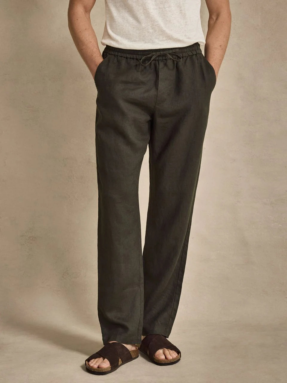 John Henric Linen Solid Drawstring Trousers Dark Green