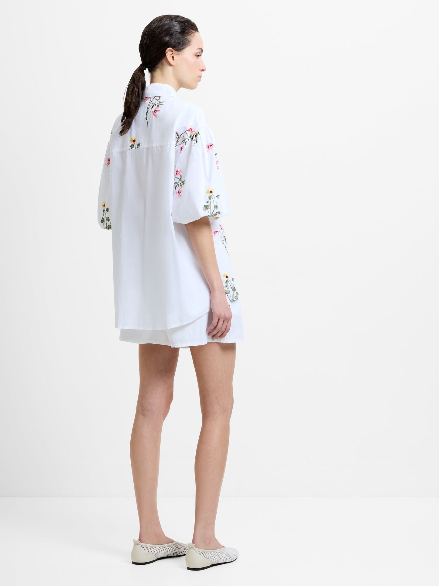 French Connection Cambria Cotton Floral Embroidered Puff Sleeve Shirt Linen White - Mojo Independent Store