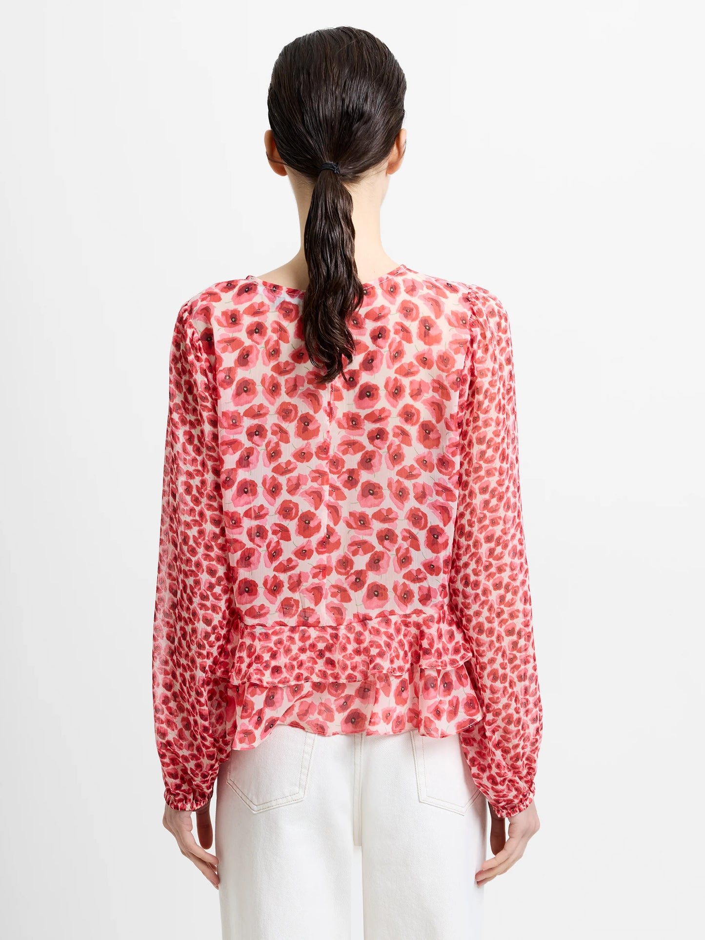 French Connection Poppy Emina Semi-Sheer Puff Sleeve Top Red Multi - Mojo Independent Store