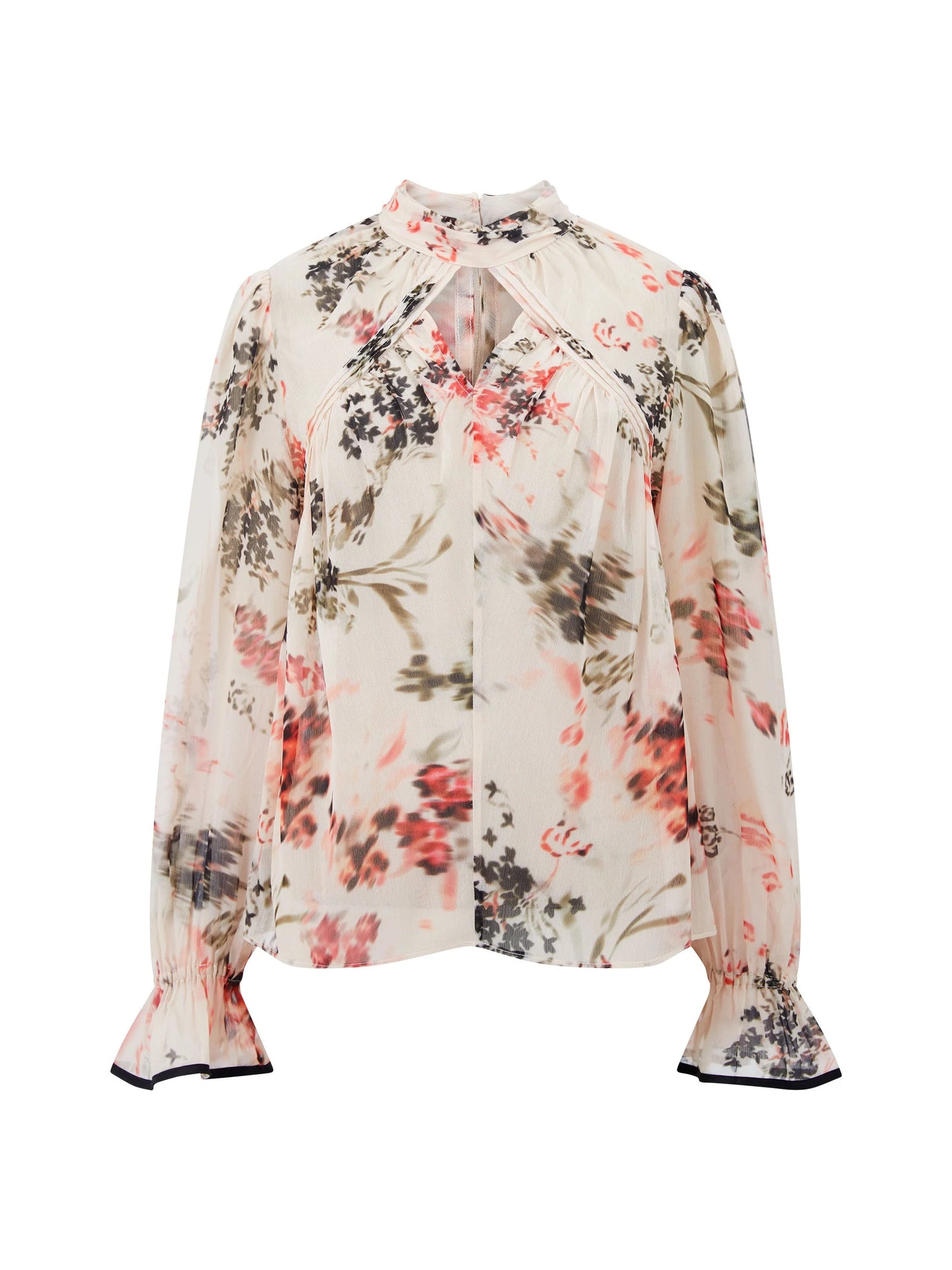 French Connection Hallie Crinkle Contrast Floral Top Cream/Scarlet Red Multi