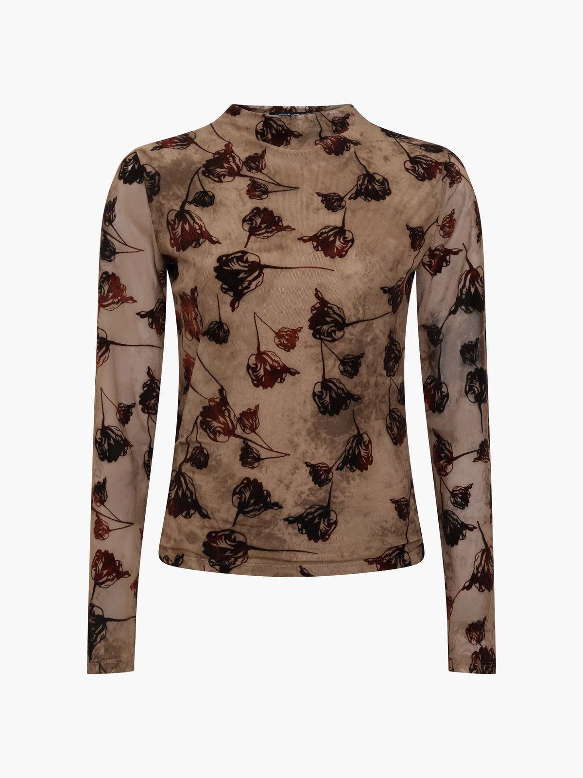 French Connection Tia Rose Mesh Velvet Burnout Top Chocolate Brown