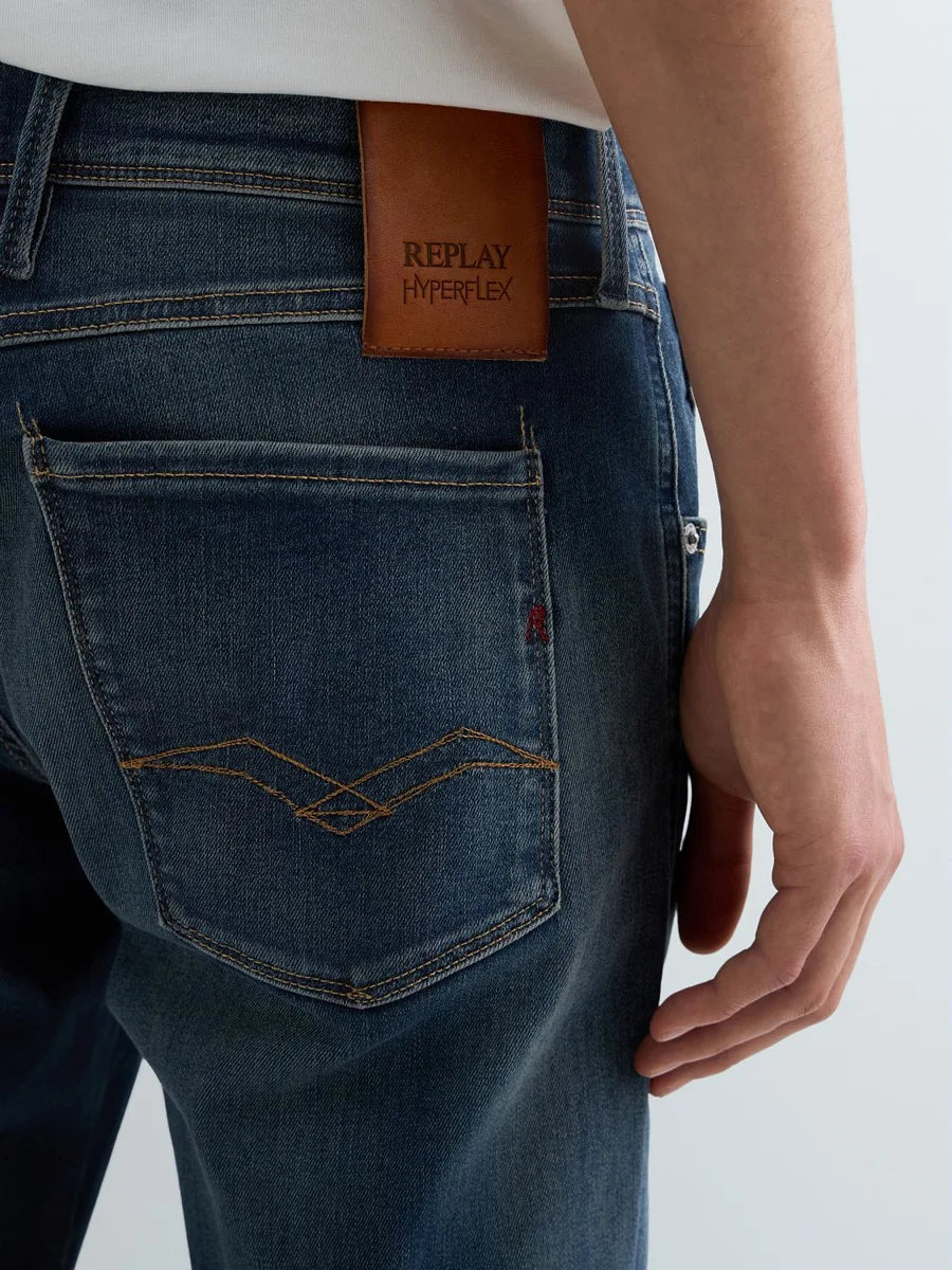 Replay Anbass Jeans Hyperflex Stretch Denim Blue Brown Patch