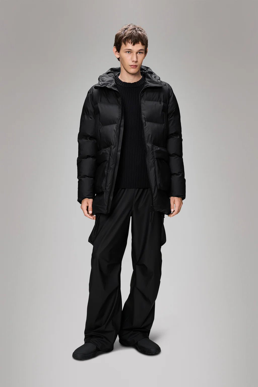 Rains Alta Long Puffer Cargo Jacket Black