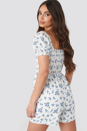 NA-KD Square Neck Shirred Playsuit Blue Flower - Mojo Independent Store