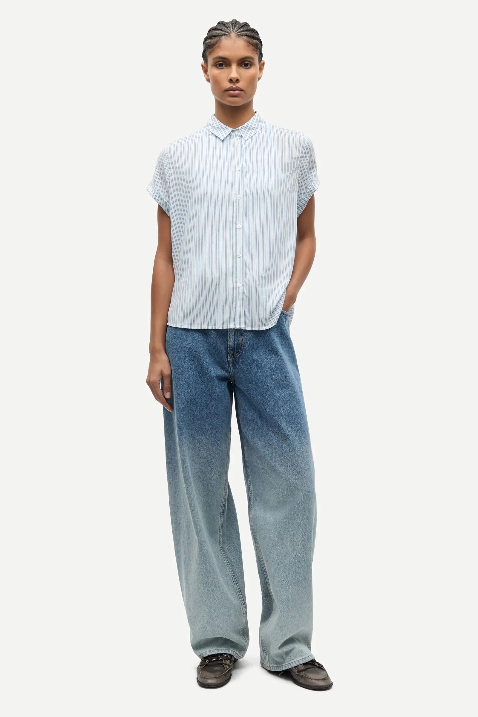 Samsøe Samsøe Majan SS Shirt Gray Dawn Small Stripe - Mojo Independent Store