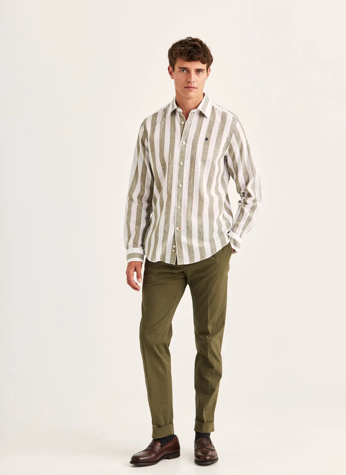Morris Douglas Linen Mix Stripe Shirt 76 Olive