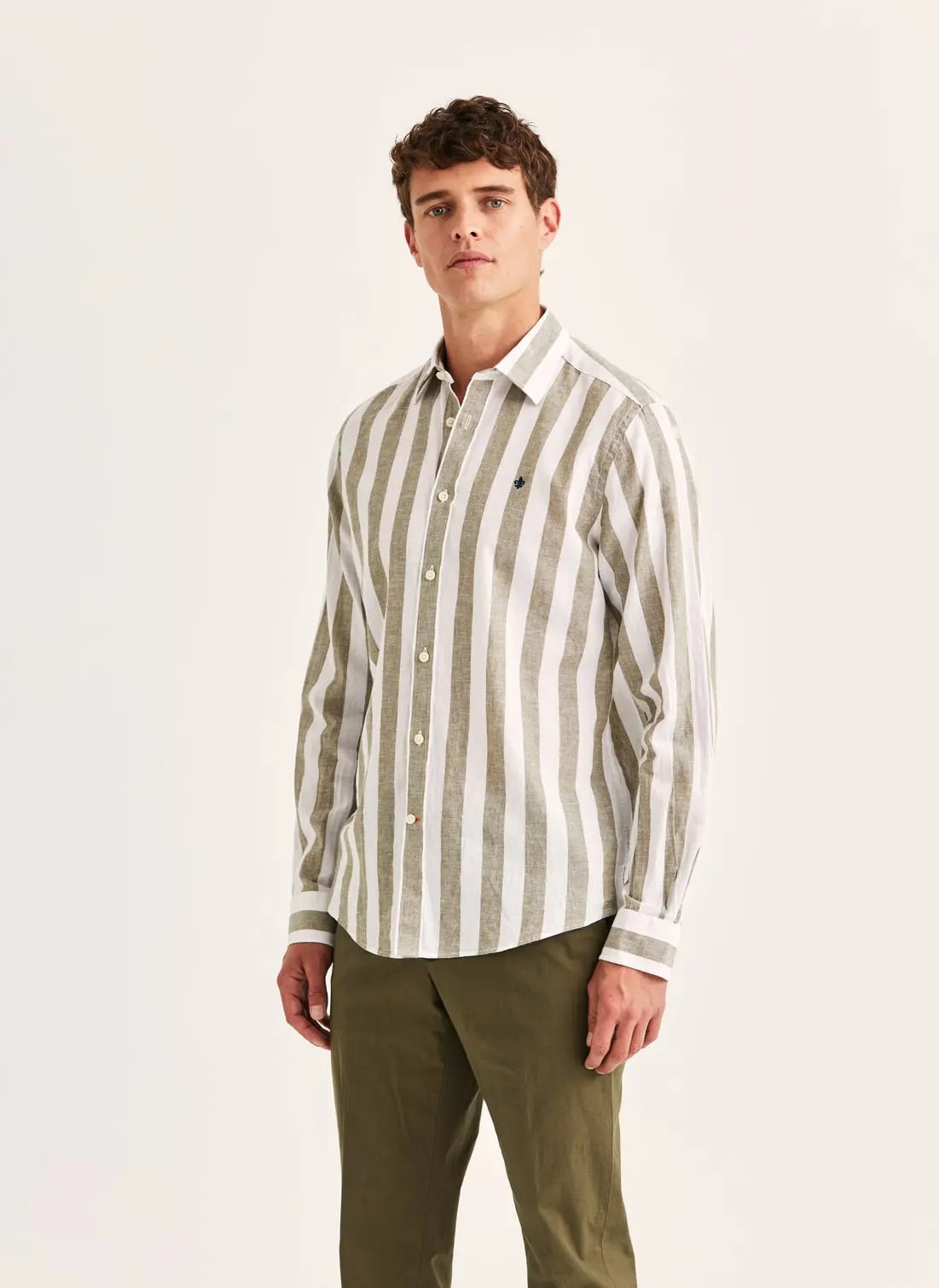 Morris Douglas Linen Mix Stripe Shirt 76 Olive