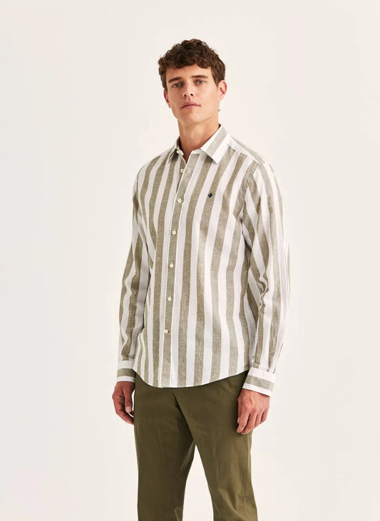 Morris Douglas Linen Mix Stripe Shirt 76 Olive