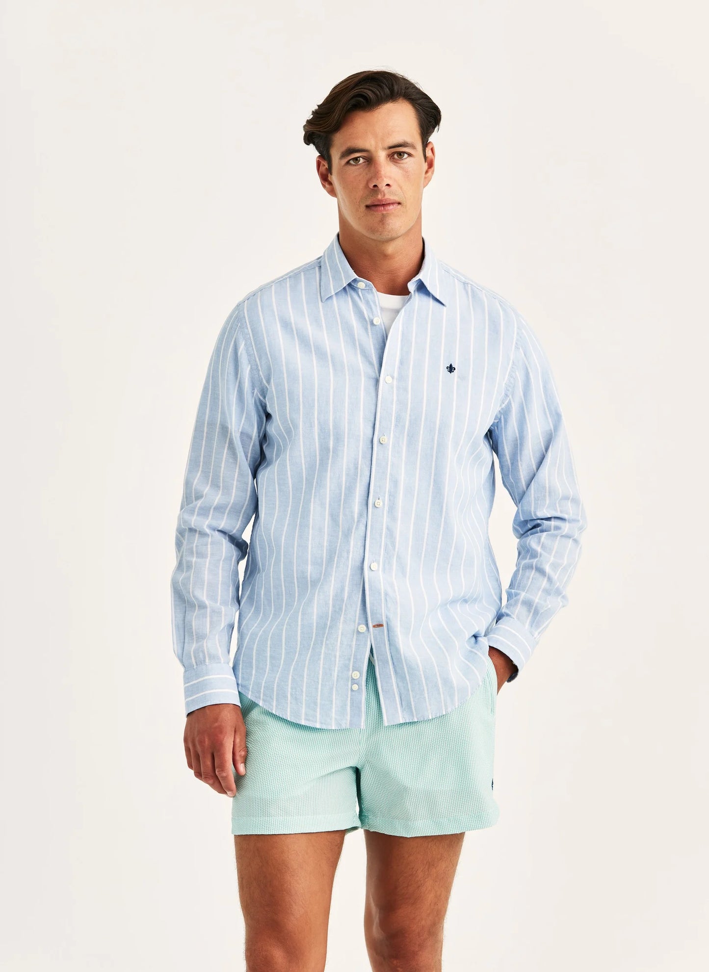 Morris Douglas Linen Mix Stripe Shirt 55 Light Blue