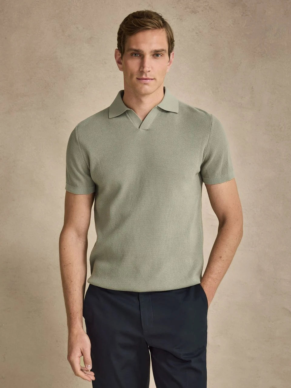 John Henric Cotton Texture Knitted ss Polo Green