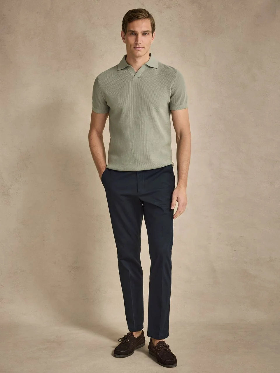 John Henric Cotton Texture Knitted ss Polo Green