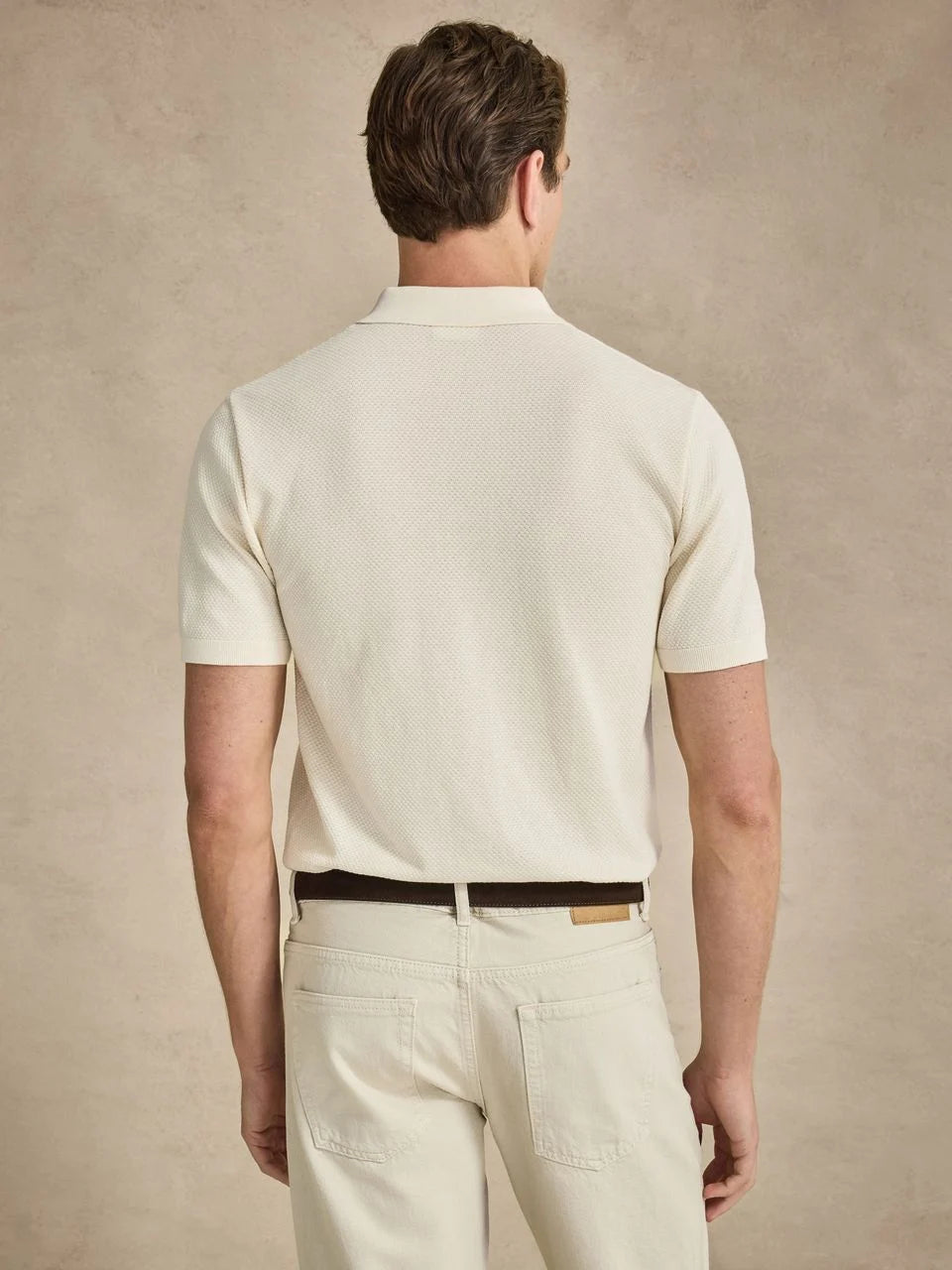 John Henric Cotton Texture Knitted SS Polo Sweater Cream White