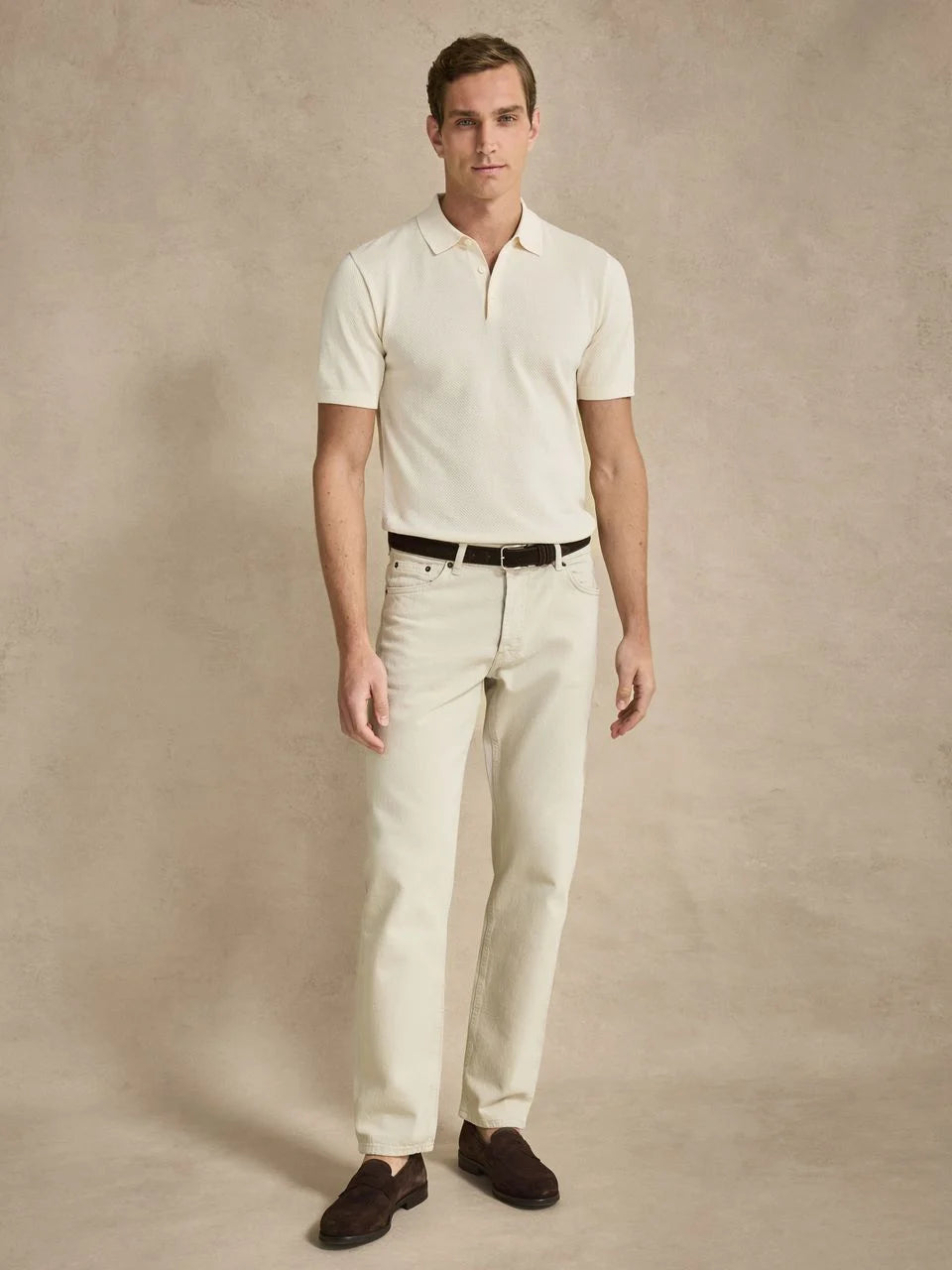 John Henric Cotton Texture Knitted SS Polo Sweater Cream White
