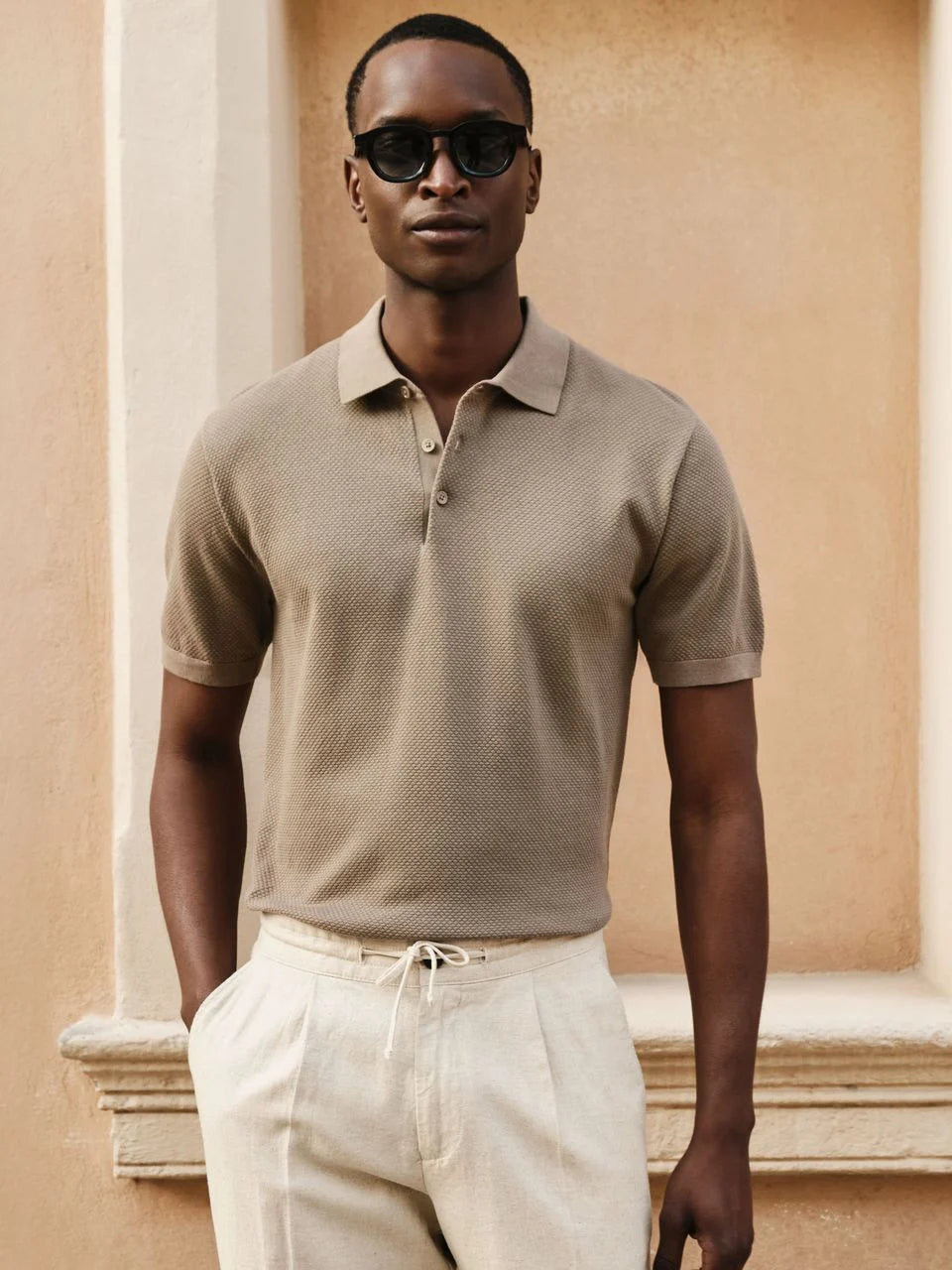 John Henric Cotton Texture Knitted SS Polo Sweater Taupe