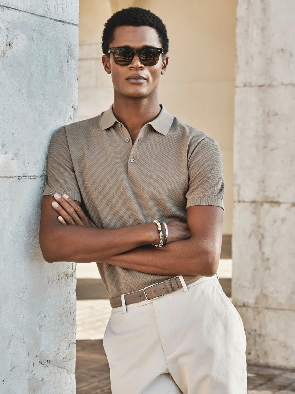 John Henric Cotton Texture Knitted SS Polo Sweater Taupe