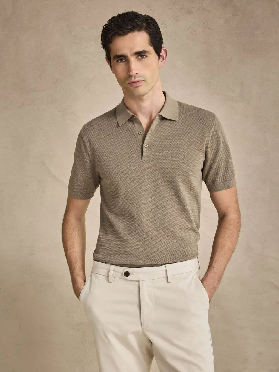 John Henric Cotton Texture Knitted SS Polo Sweater Taupe