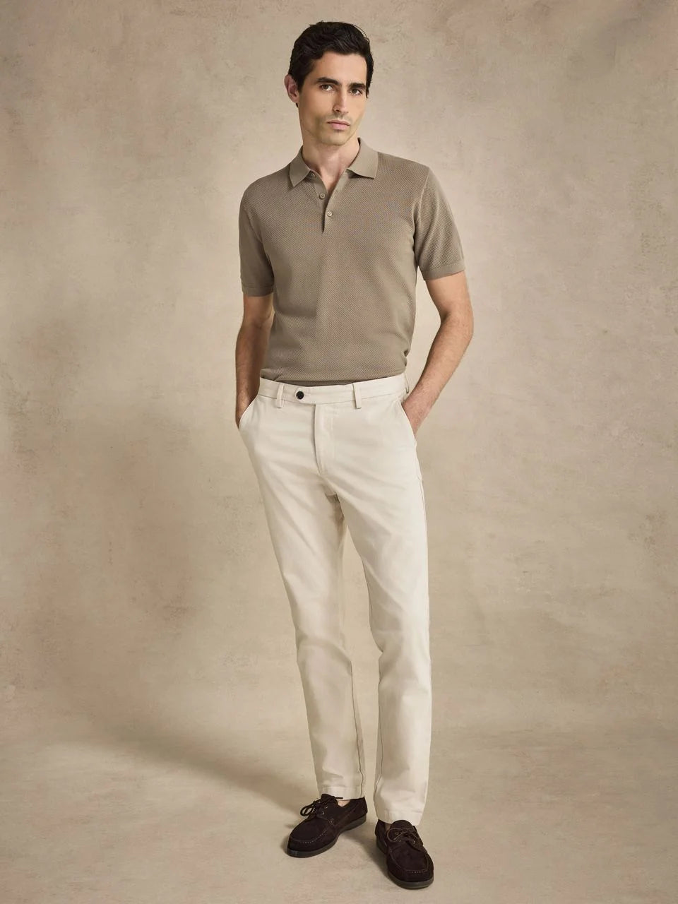 John Henric Cotton Texture Knitted SS Polo Sweater Taupe