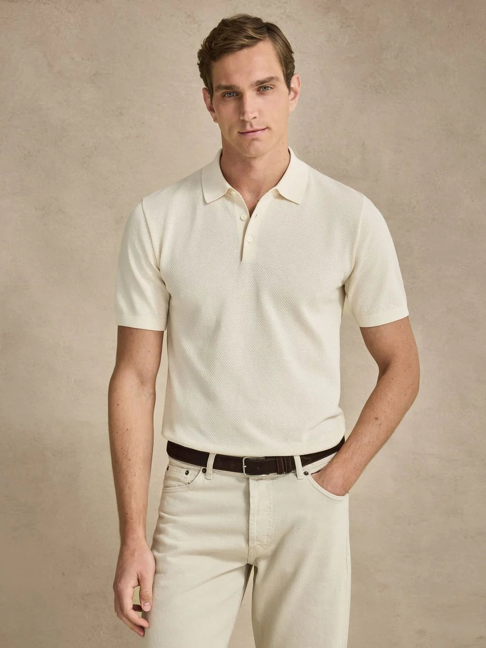 John Henric Cotton Texture Knitted SS Polo Sweater Cream White