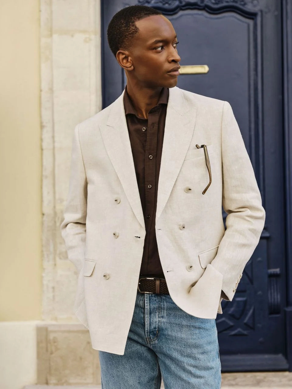 John Henric Linen Double Breasted Blazer Sand