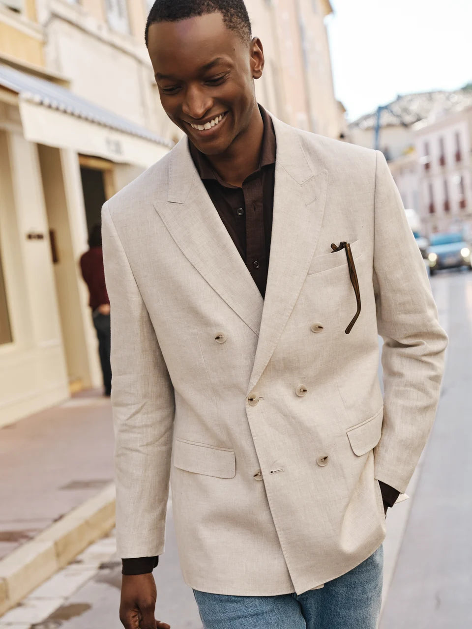 John Henric Linen Double Breasted Blazer Sand