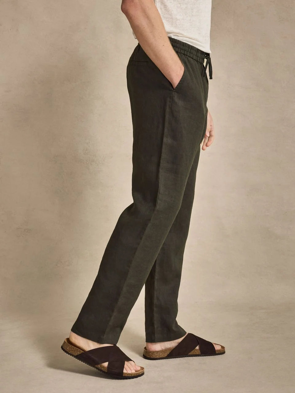 John Henric Linen Solid Drawstring Trousers Dark Green