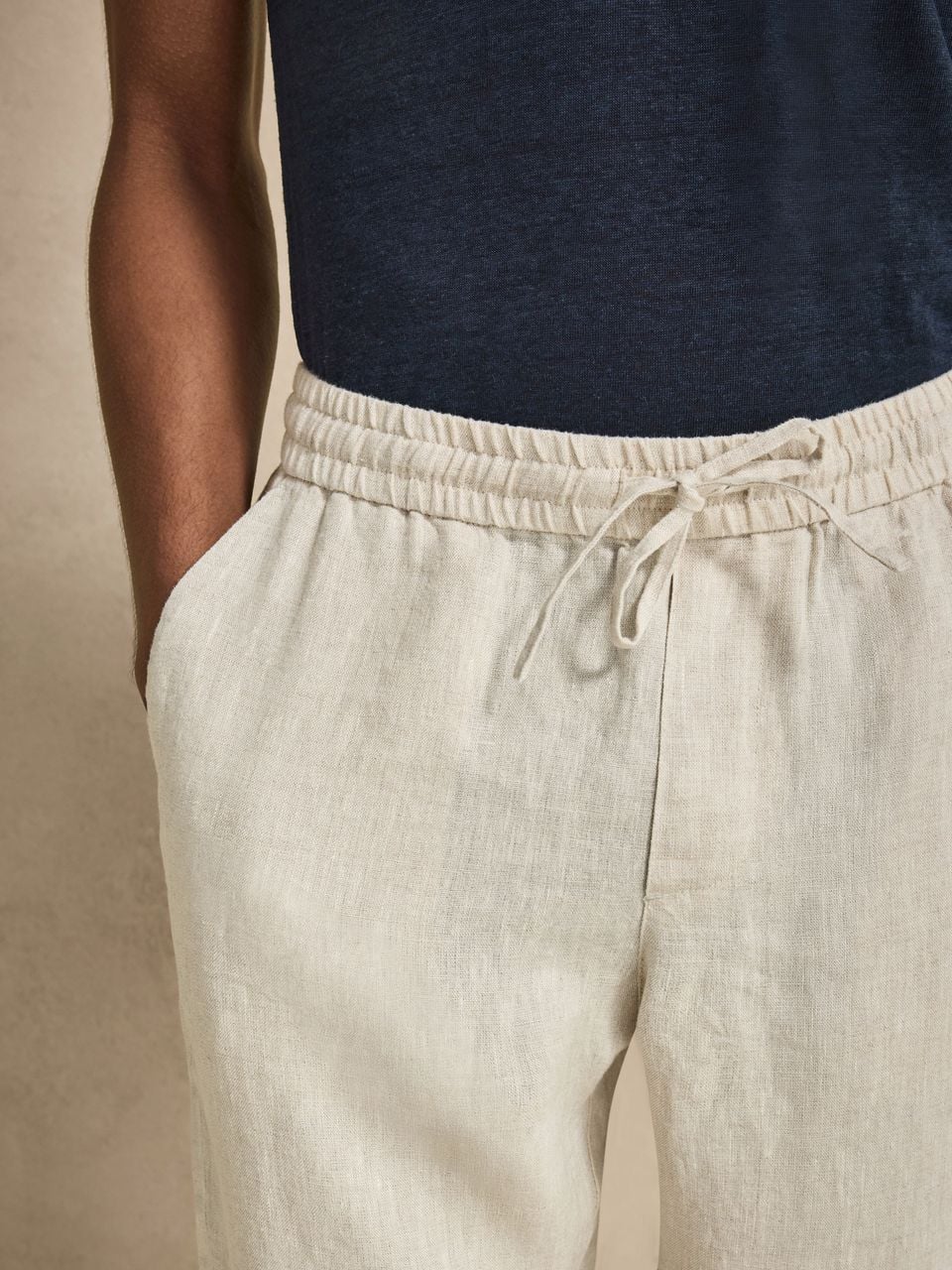 John Henric Linen Solid Drawstring Trousers Sand