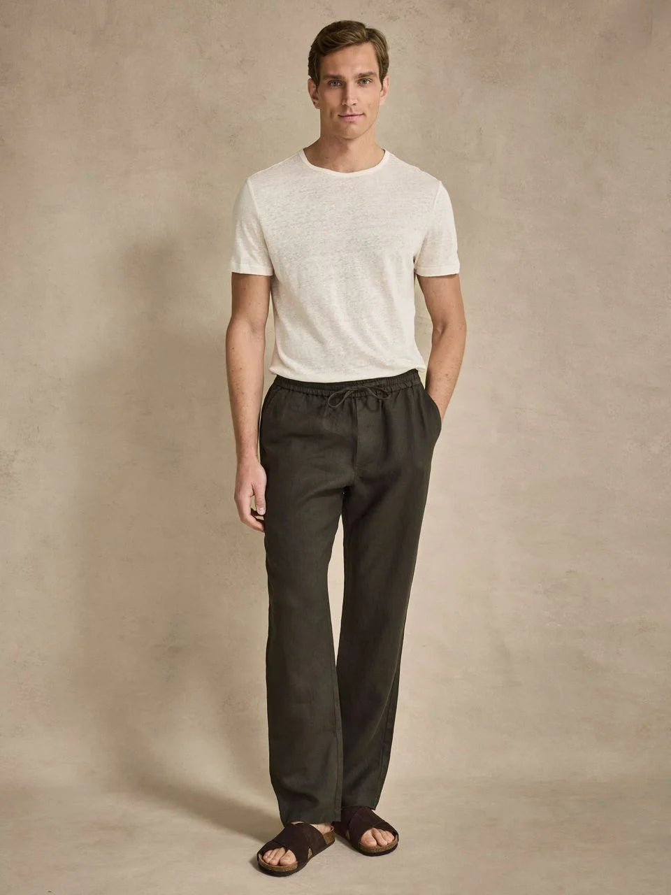 John Henric Linen Solid Drawstring Trousers Dark Green
