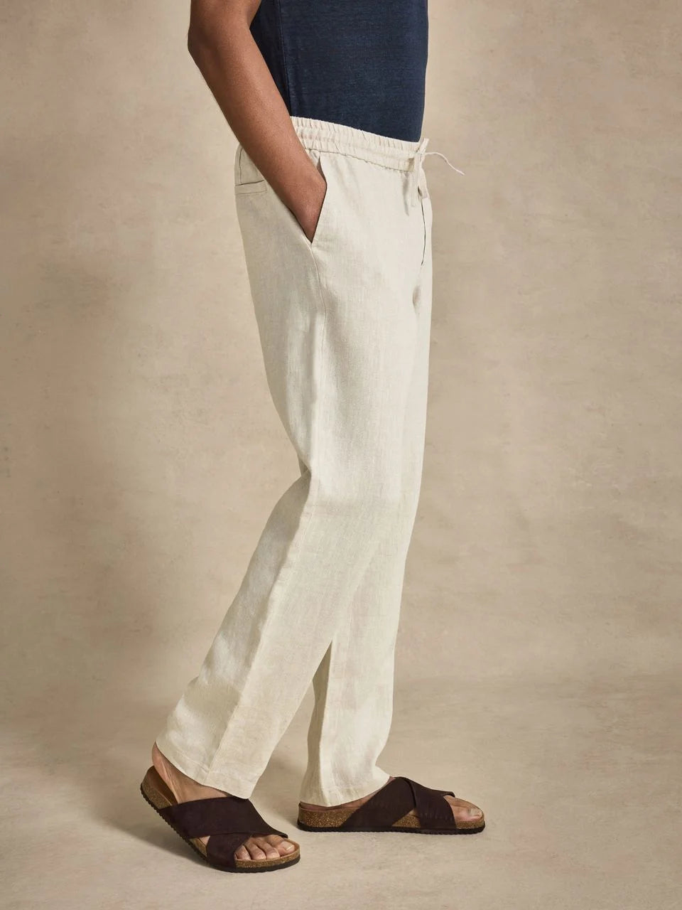 John Henric Linen Solid Drawstring Trousers Sand