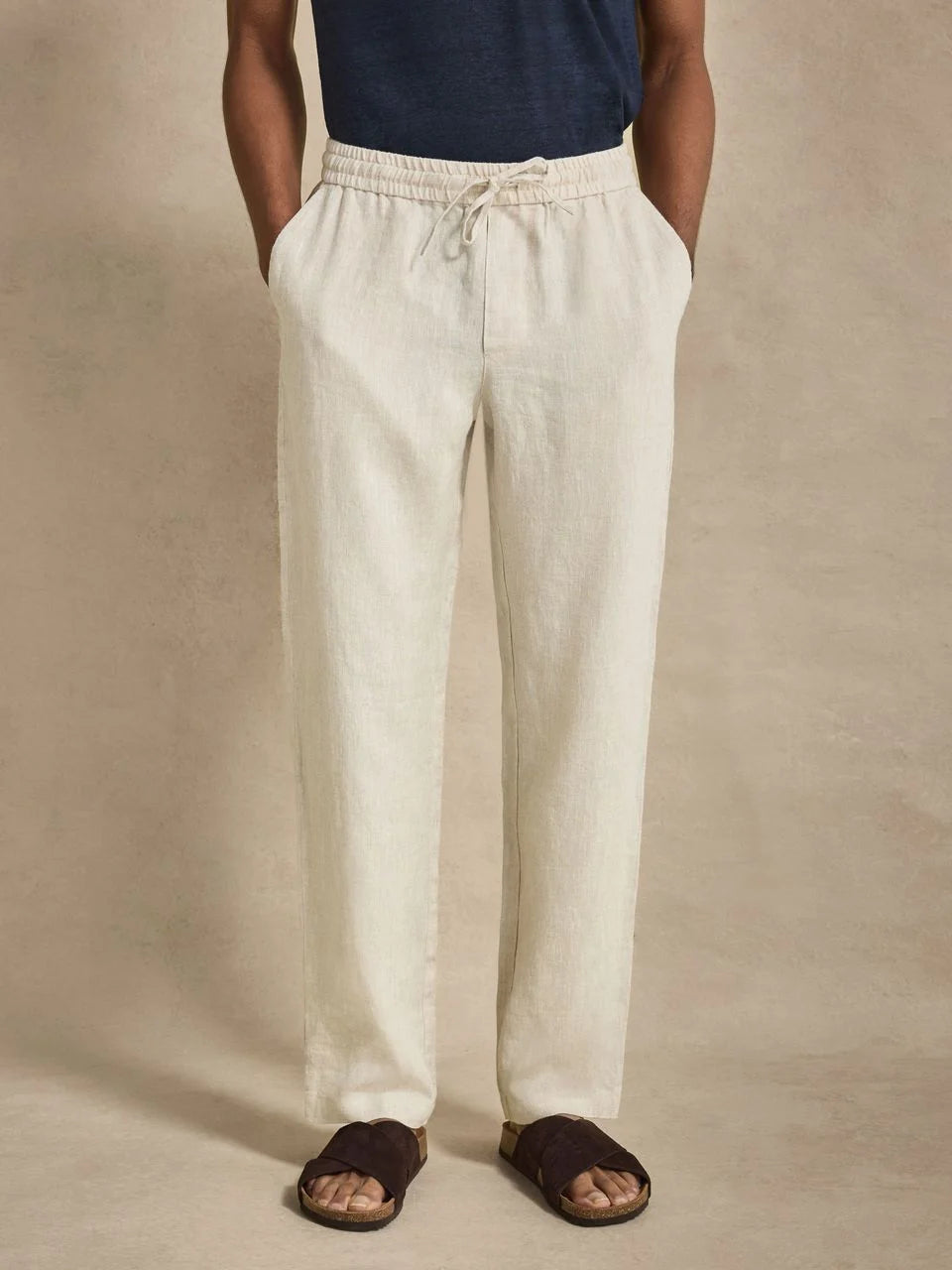 John Henric Linen Solid Drawstring Trousers Sand