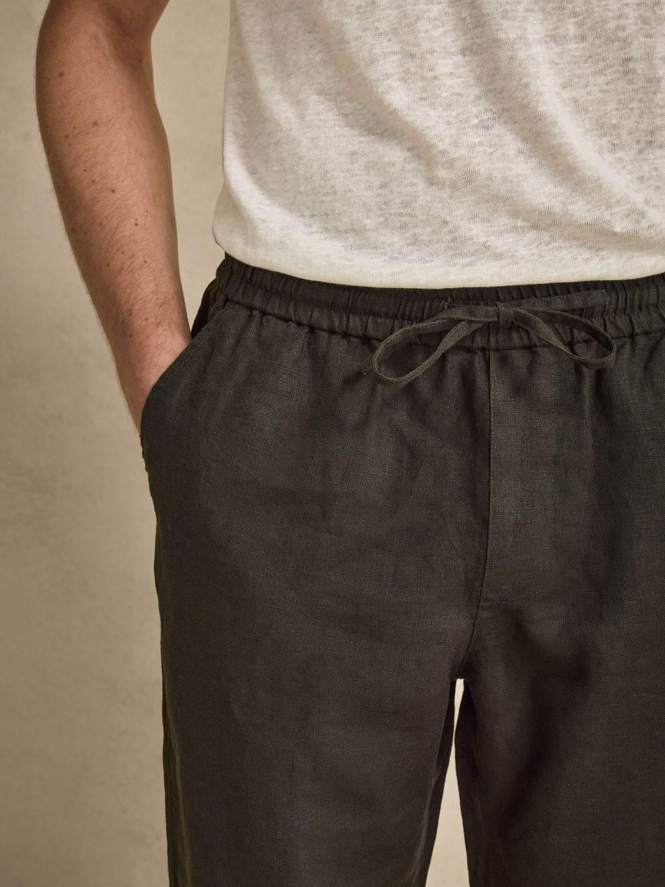 John Henric Linen Solid Drawstring Trousers Dark Green