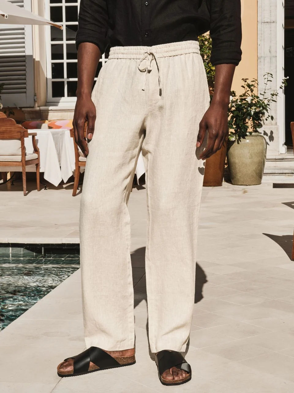 John Henric Linen Solid Drawstring Trousers Sand