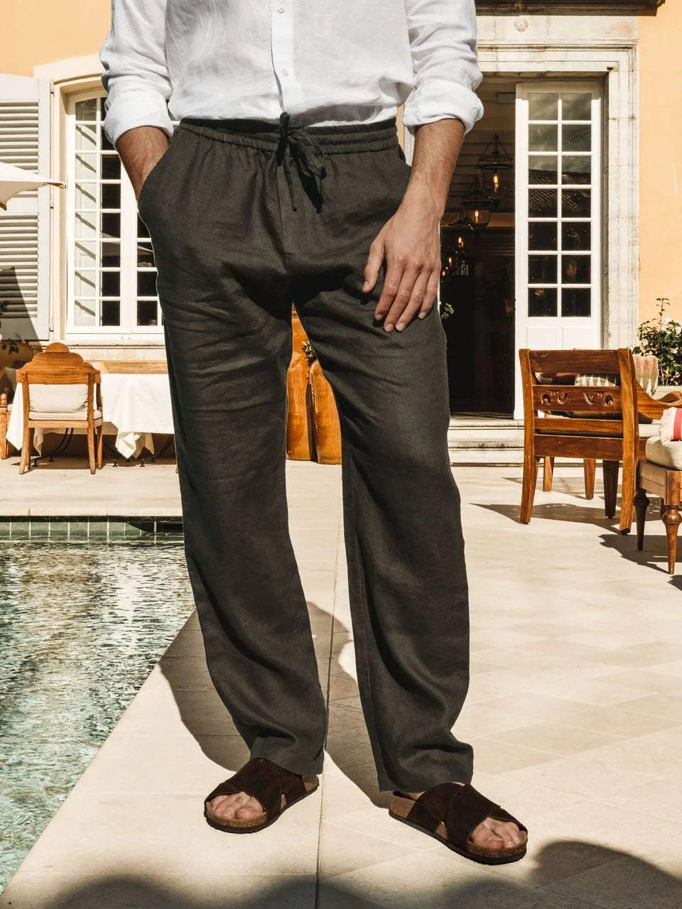 John Henric Linen Solid Drawstring Trousers Dark Green