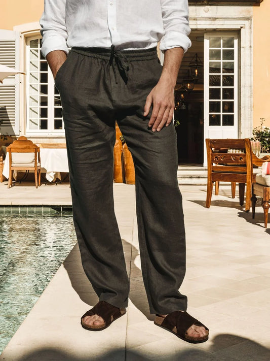 John Henric Linen Solid Drawstring Trousers Dark Green