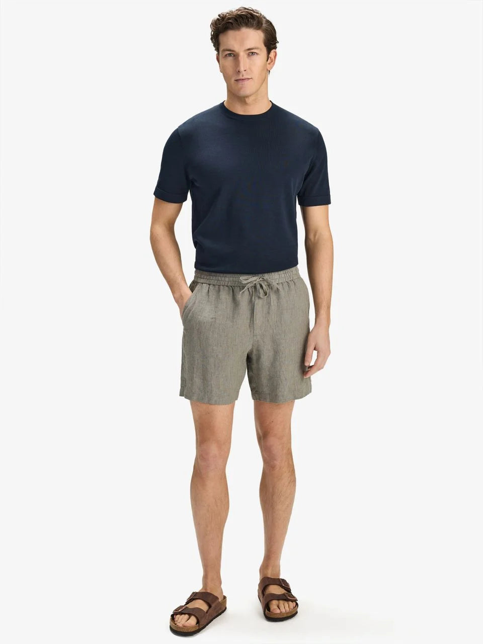 John Henric Linen Soild Drawstring Shorts Green