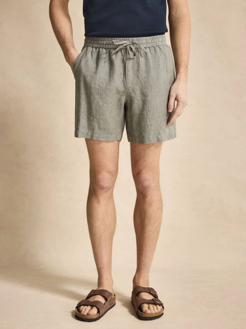 John Henric Linen Soild Drawstring Shorts Green