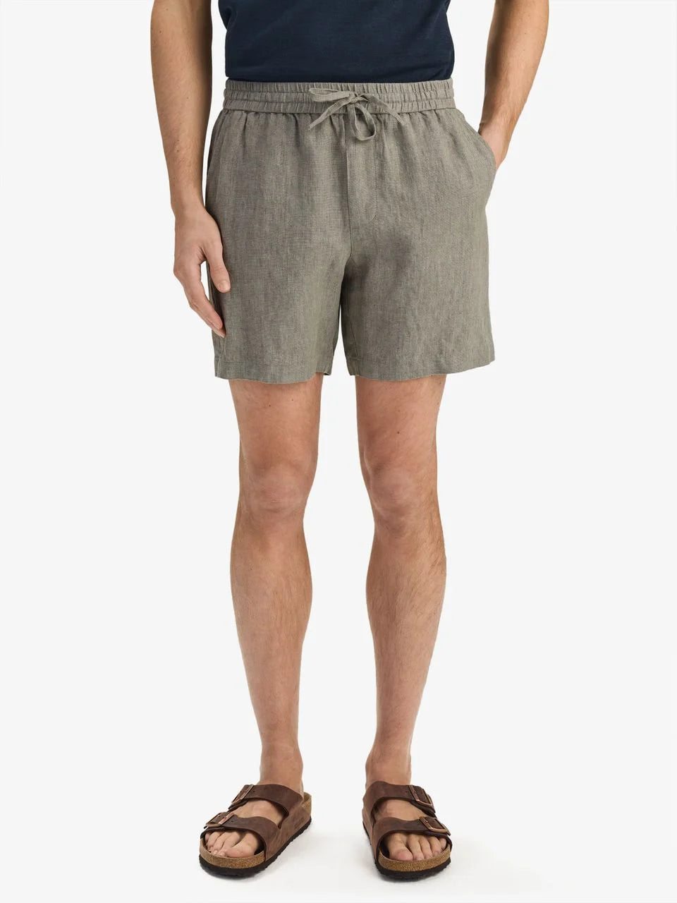John Henric Linen Soild Drawstring Shorts Green
