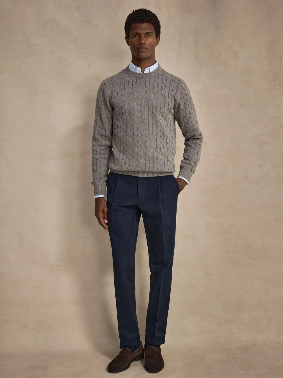 John Henric Haidar Cotton Cable Crew Neck Taupe