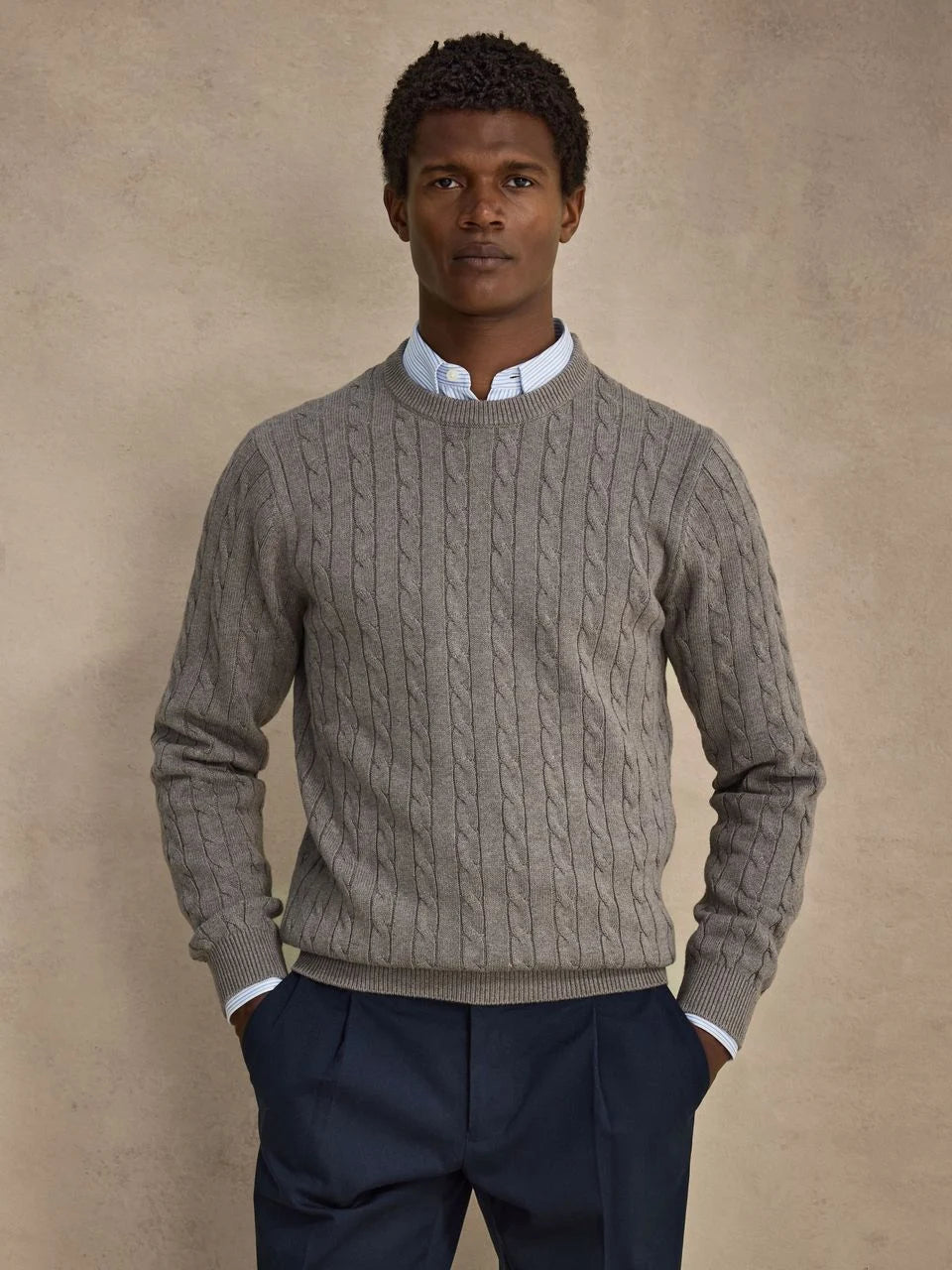 John Henric Haidar Cotton Cable Crew Neck Taupe