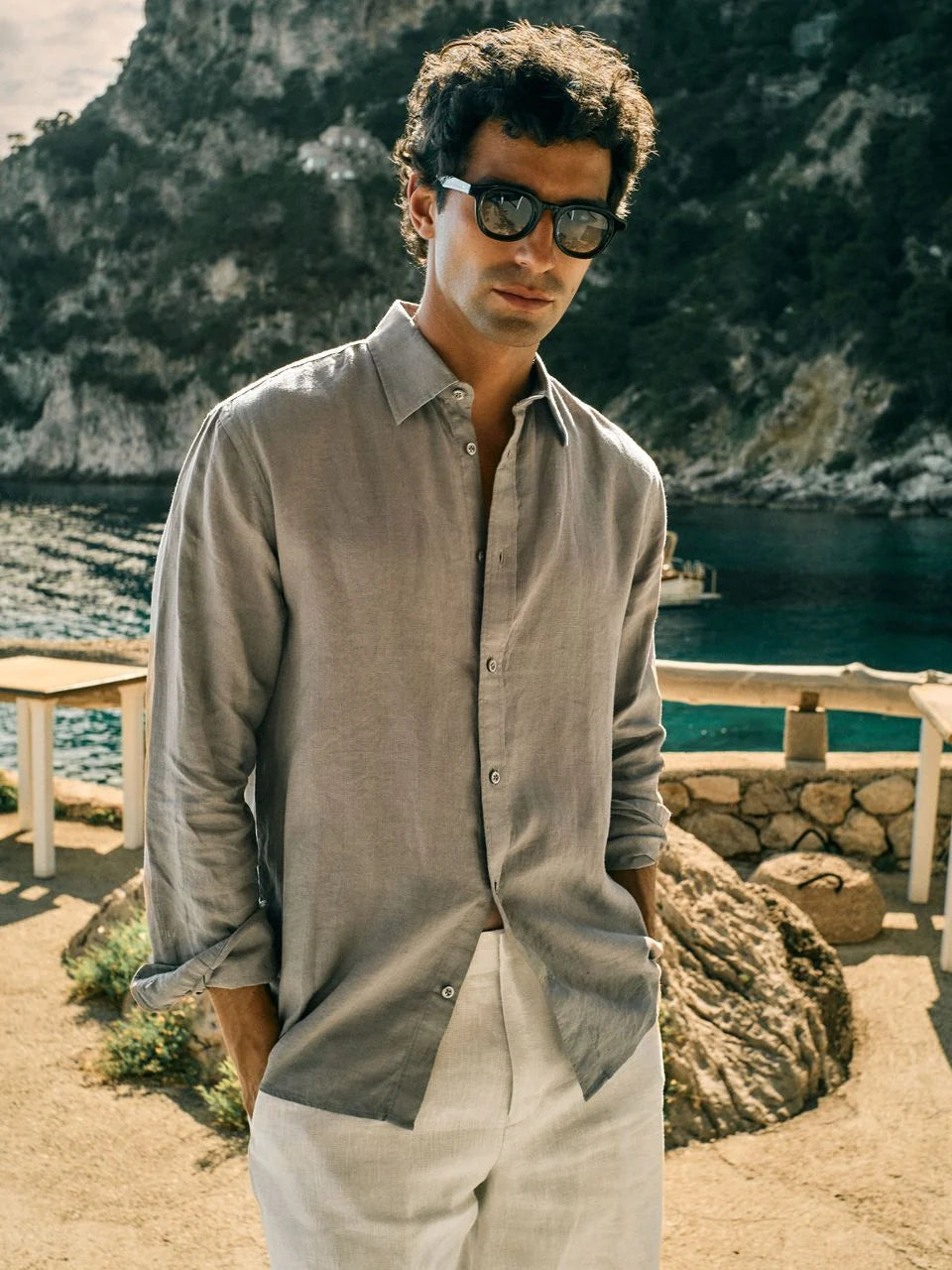 John Henric Casual Linen Shirt Solid Pointed Collar Green