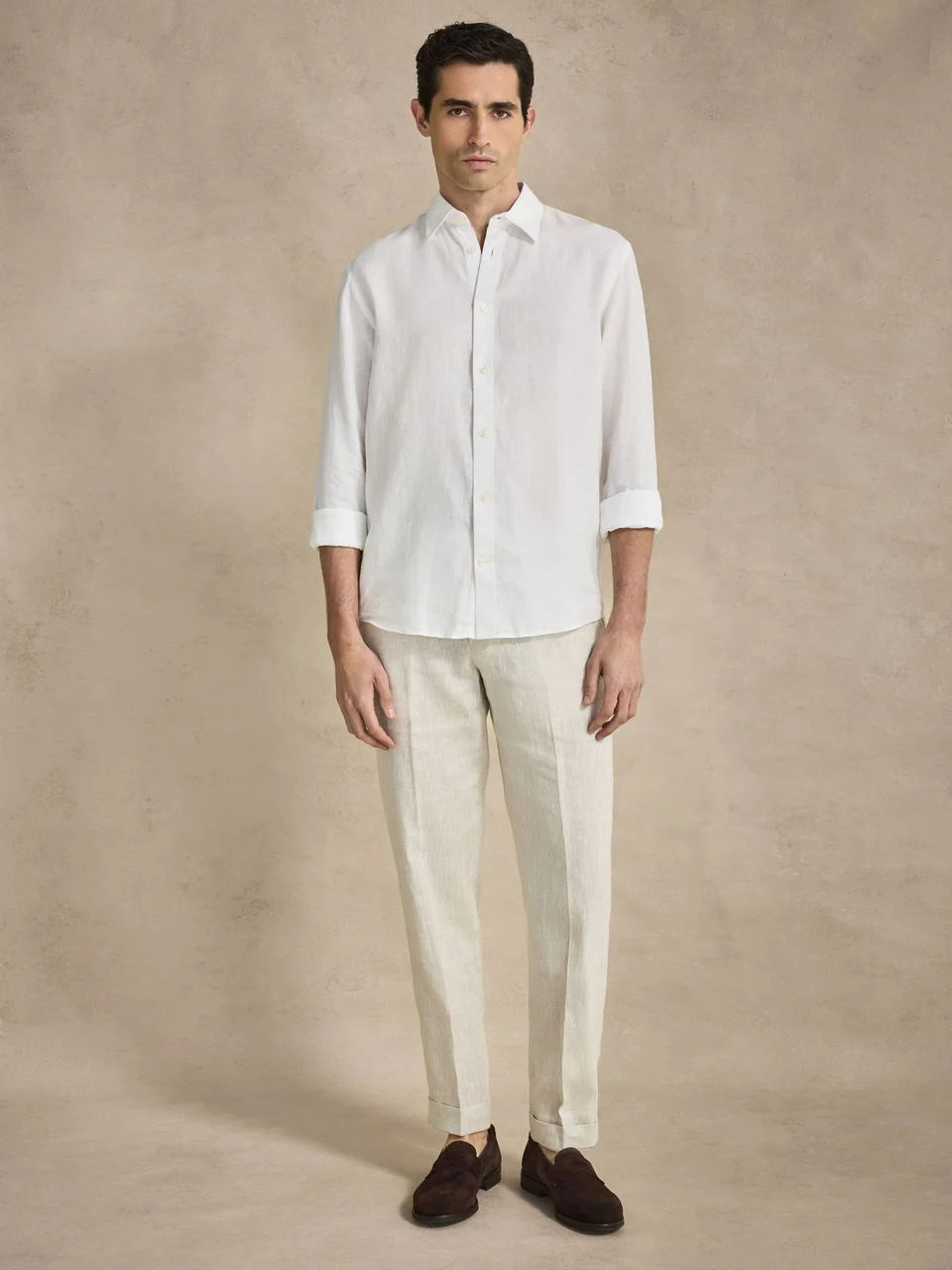 John Henric Casual Linen Shirt Solid Pointed Collar White