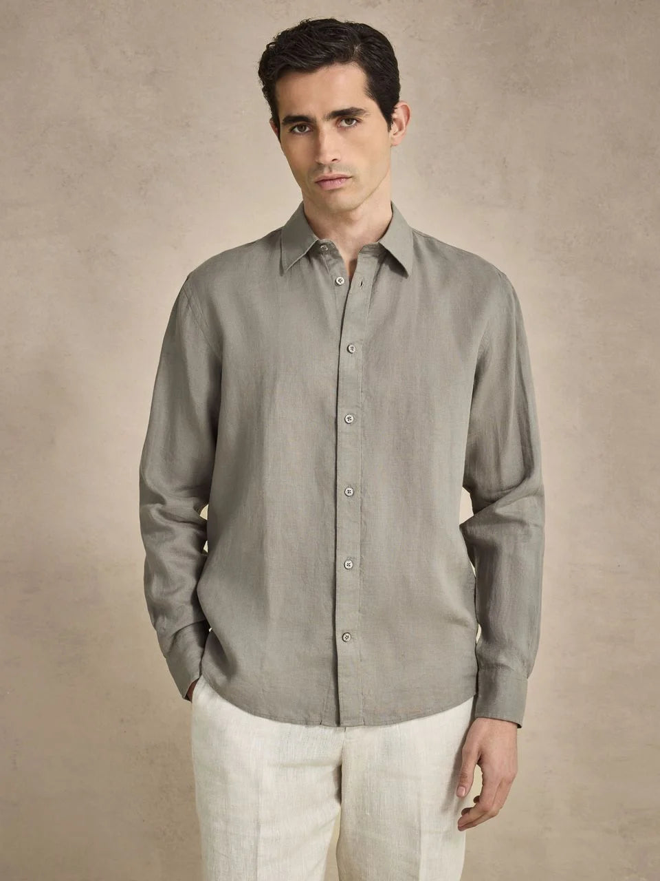 John Henric Casual Linen Shirt Solid Pointed Collar Green