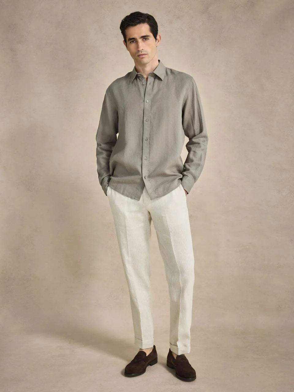 John Henric Casual Linen Shirt Solid Pointed Collar Green