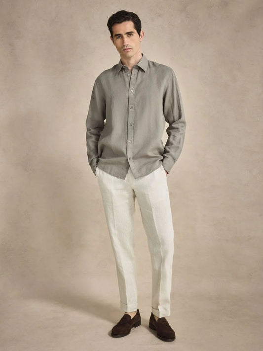 John Henric Casual Linen Shirt Solid Pointed Collar Green