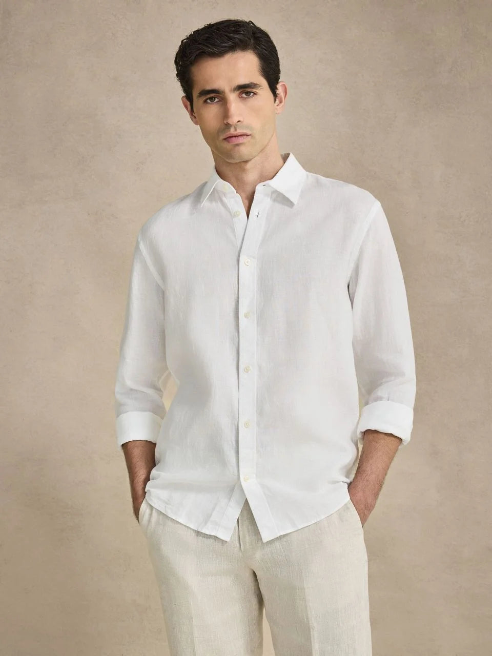 John Henric Casual Linen Shirt Solid Pointed Collar White