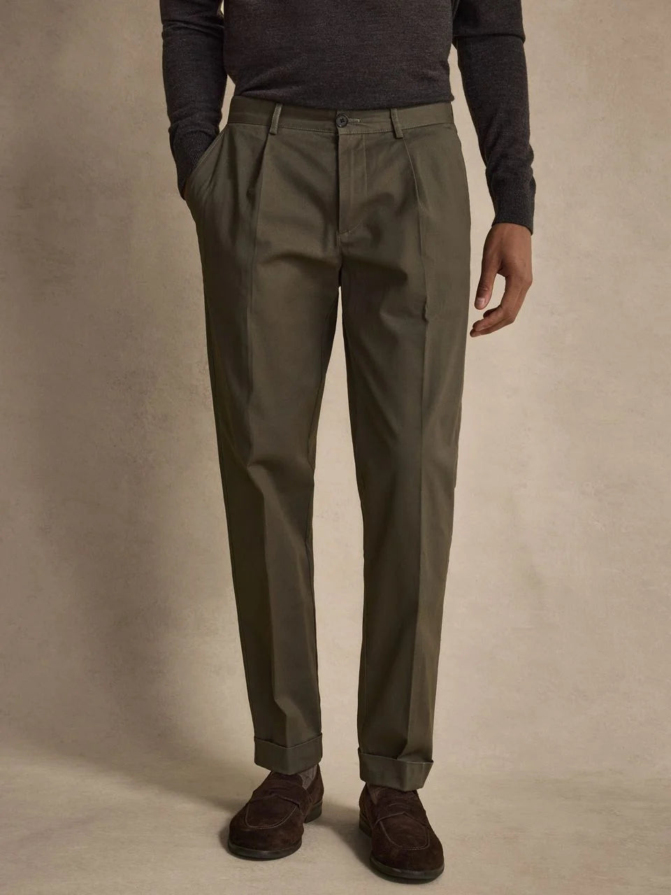 John Henric Ari Relaxed Fit Cotton Solid Pleated Trousers Green
