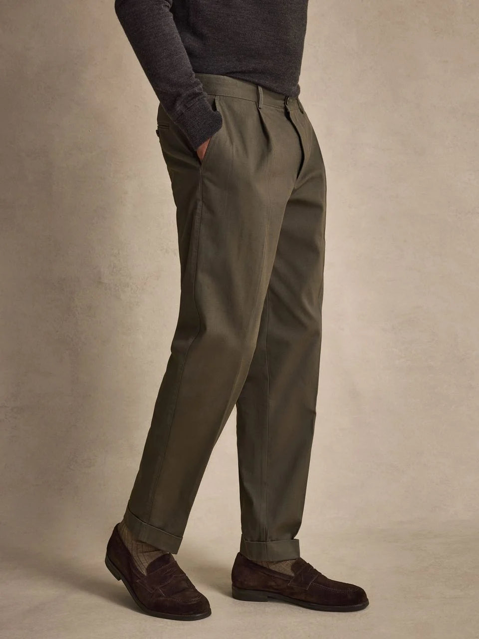 John Henric Ari Relaxed Fit Cotton Solid Pleated Trousers Green