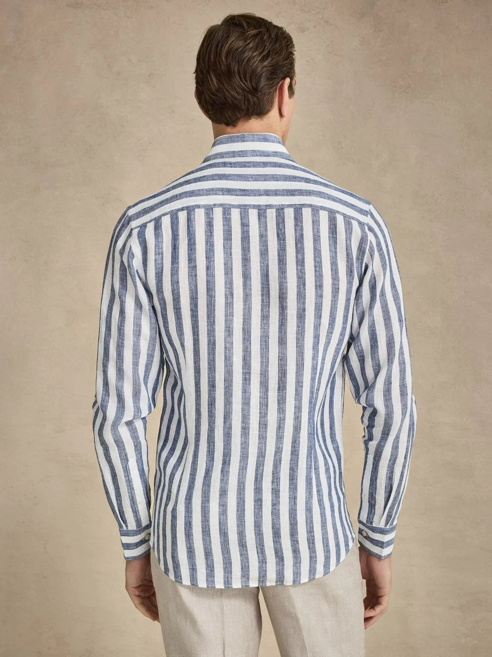 John Henric Smart Linen Shirt Block Stripe Navy Blue