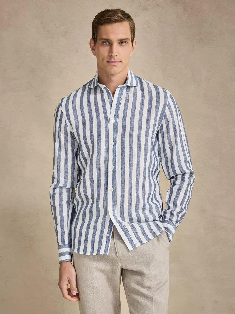 John Henric Smart Linen Shirt Block Stripe Navy Blue